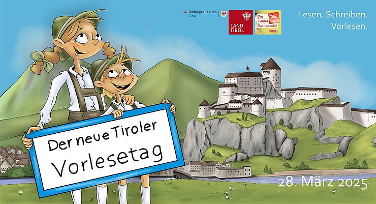 Illustration eines Bubs und eines Mädchens, die vor der Festung Kufstein stehen.