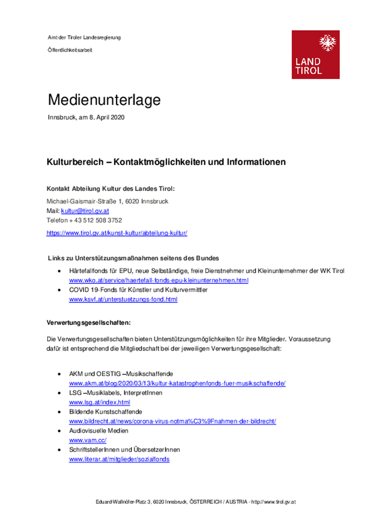 Service und Hilfsadressen für Kulturschaffende.