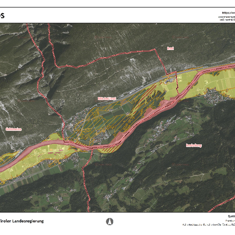 390 Hektar Bauland entlang des Inn in Tirol sind als Gefahrenzonen ausgewiesen. Zum Schutz von 30 Hektar im Tiroler Oberland und 260 Hektar im Unterinntal werden Schutzprojekte geplant.