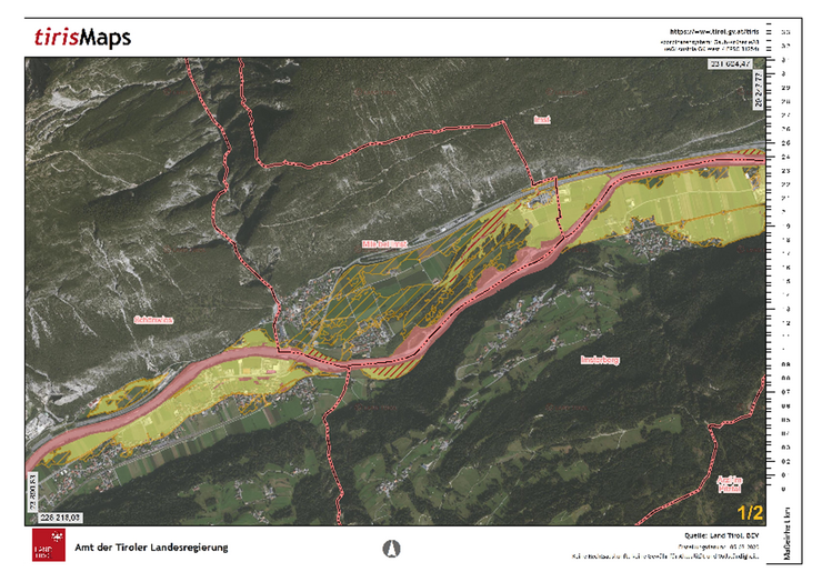 390 Hektar Bauland entlang des Inn in Tirol sind als Gefahrenzonen ausgewiesen. Zum Schutz von 30 Hektar im Tiroler Oberland und 260 Hektar im Unterinntal werden Schutzprojekte geplant.
