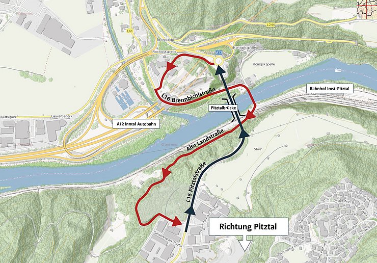 Karte mit eingezeichnetem Verkehrsverlauf