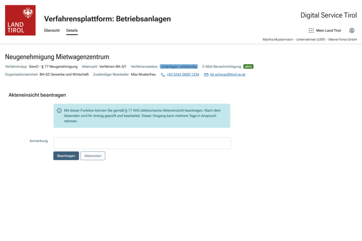 © Land Tirol Verfahrensdetailansicht mit Antrag zur elektronischen Akteneinsicht.