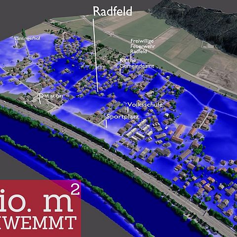 Ohne Schutzmaßnahmen werden bei einem so genannten Jahrhunderthochwasser (HQ 100) allein in Radfeld 1,5 Millionen Quadratmeter überschwemmt.