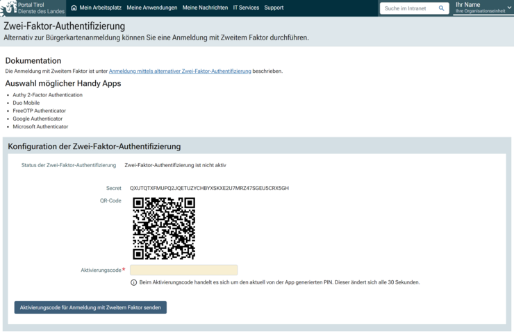 Screenshot der Konfigurationsseite der Zwei-Faktor-Authentifizierung im Portal Tirol mit dem QR-Code für die Einrichtung in einer Authentifizierungs-App