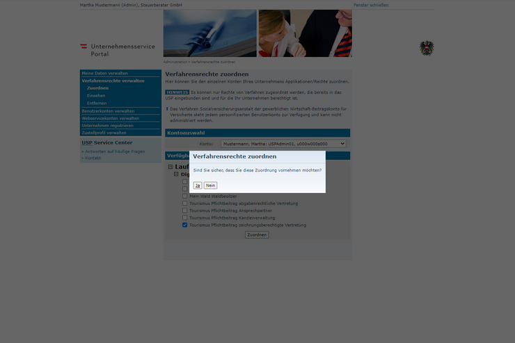 Bestätigen sie die Zuordnung der Verfahrensrechte im Dialog