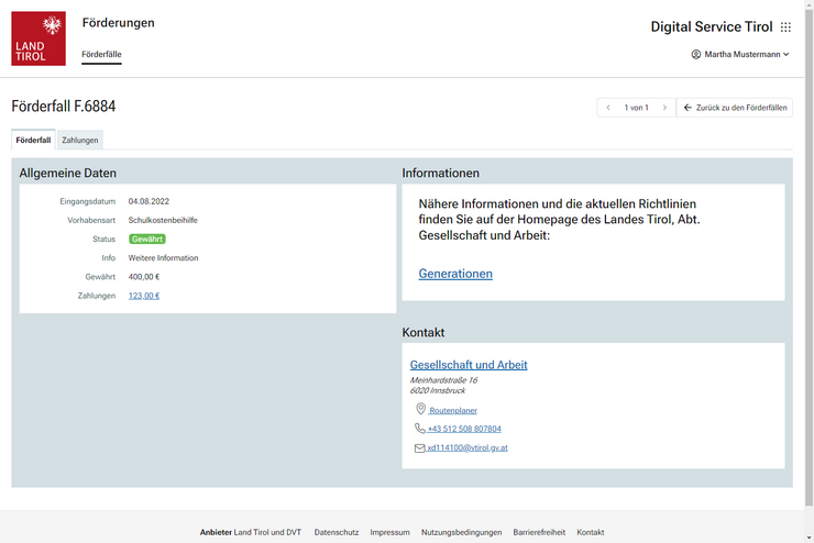 In den Details zum Förderfalls werden allgemeine Daten zur Förderung (Eingangsdatum, Vorhabensart,...) angezeigt. Ausserdem weitere Informationen mit Verknüpfungen zu Grundlagen der Förderung. Zusätzlich werden die Kontaktinformationen der für die Förderung zuständigen Stelle angezeigt.