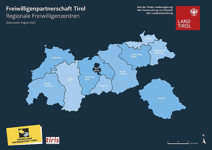 © Land Tirol Karte mit den jeweiligen Regionen der Freiwilligenzentren