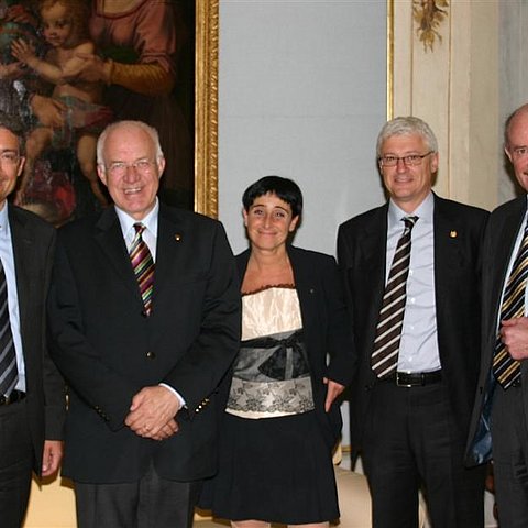 LT-Präs. Herwig van Staa traf in Trient seine Amtskollegen aus Südtirol (Dieter Steger), Emilia Romagna (Monica Donini), Trient (Giovanni Kessler) und Vorarlberg (Gebhard Halder) (v.l.n.r.)