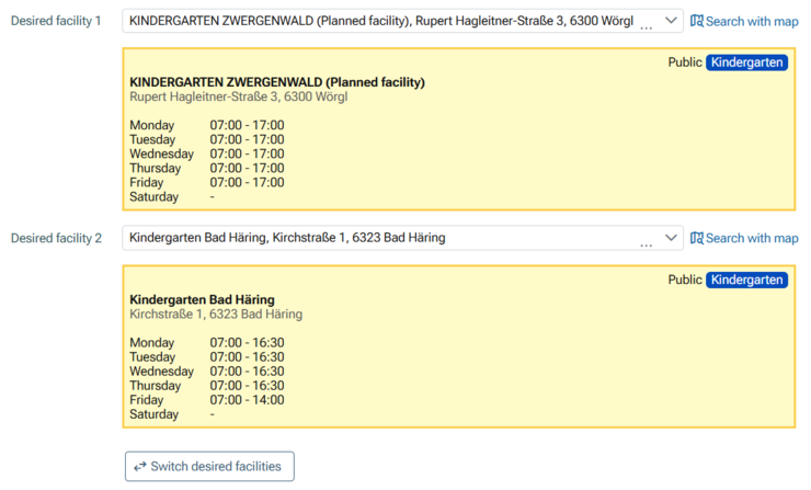 Illustrative example: Up to two preferred facilities can be specified in the "Facility" tab.