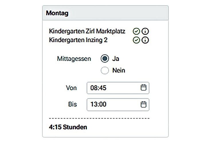 Nach Auswahl einer Einrichtung werden die Betreuungszeiten und der Bedarf an Mittagessen  angegeben.