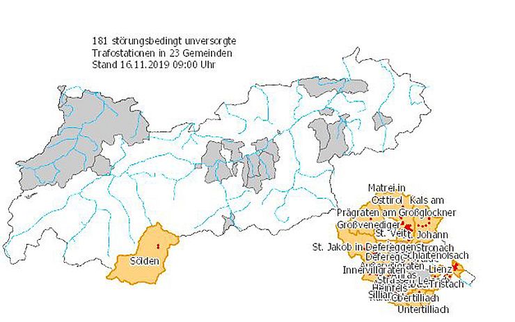 Die aktuelle Lagekarte zur Stromversorgung in Osttirol. 