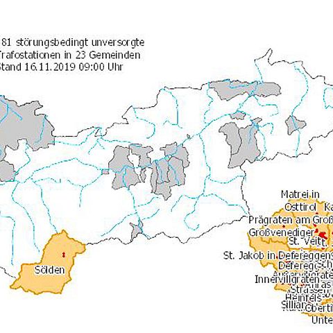 Die aktuelle Lagekarte zur Stromversorgung in Osttirol. 