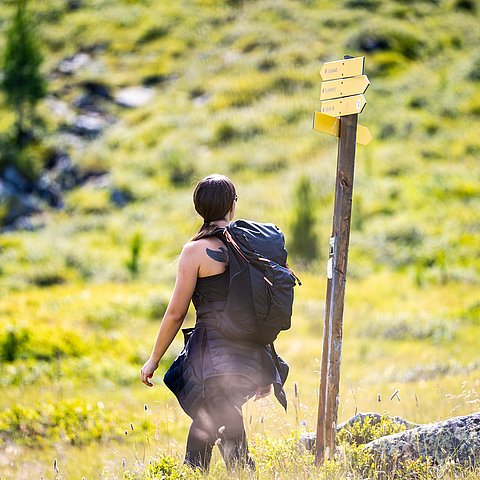 Eine Frau auf einem Wanderweg neben gelben Wegweisern
