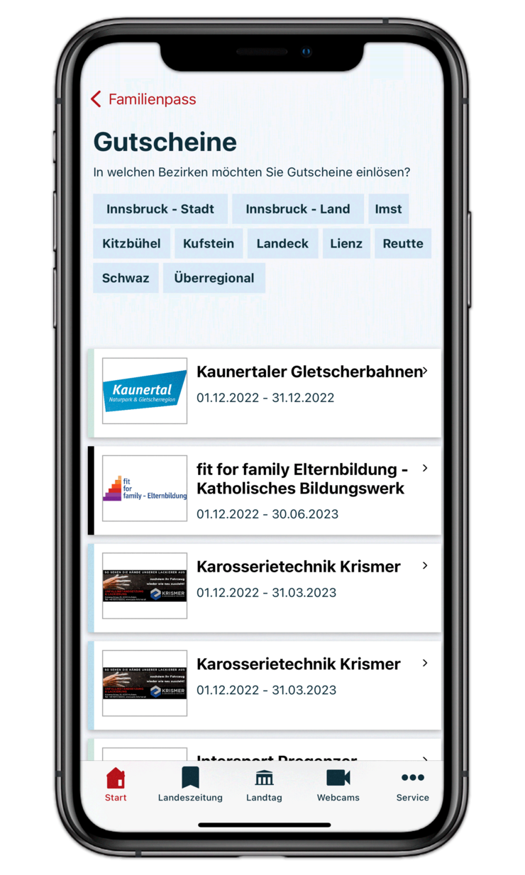 "MockUp Digitaler Familienpass Auflistung der Vorteilsgeber und Gutscheine"