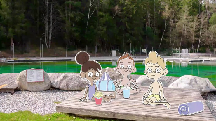 Animationsfilm "Die 10 Baderegeln": Drei Kinder sitzen auf einer Bank und essen. Hinter ihnen ist ein See zu sehen