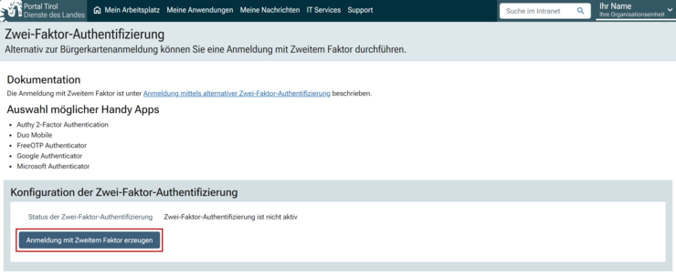 Screenshot der Konfigurationsseite der Zwei-Faktor-Authentifizierung im Portal Tirol mit dem Button Anmeldung mit Zweitem Faktor erzeugen