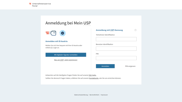 Anmeldemaske des Unternehmensservice Portal