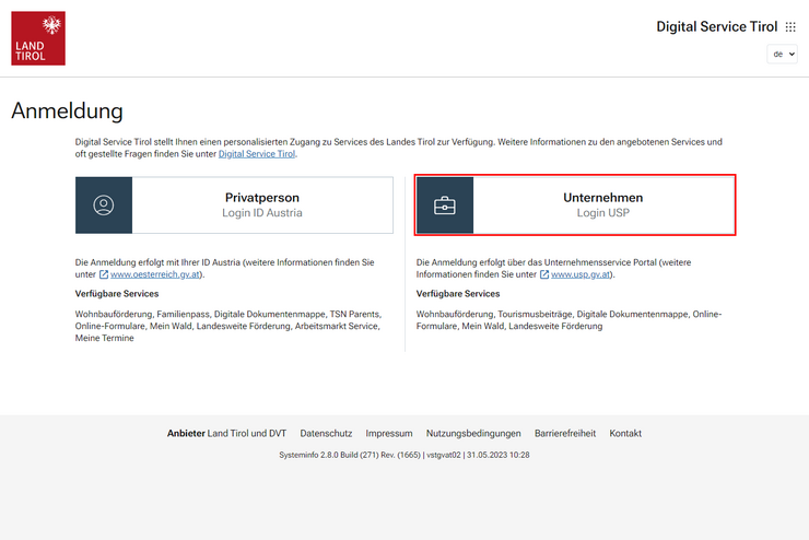 Anmeldemaske von service.tirol.gv.at mit Auswahl der Anmeldemöglichkeit Unternehmen.