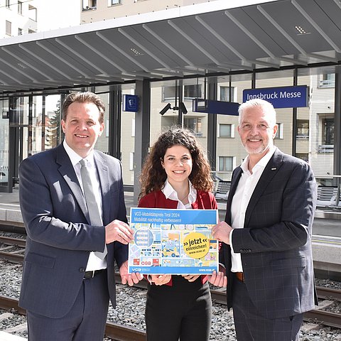 Gruppenfoto am Bahnsteig, 3 Personen