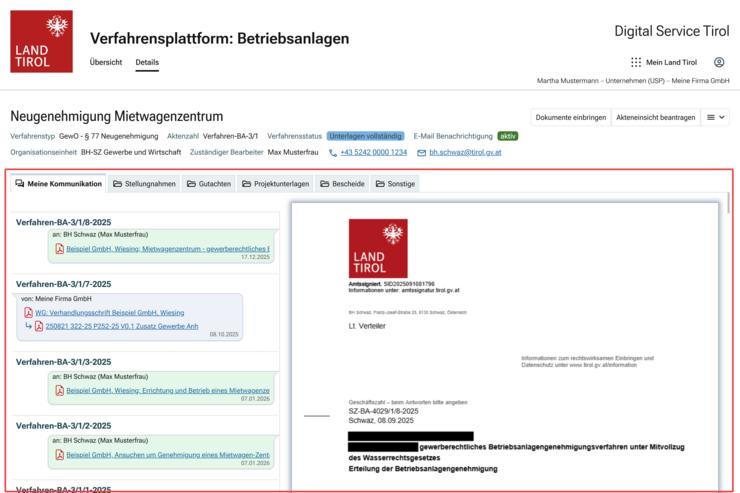 © Land Tirol Verfahrensdetailansicht am Reiter "Meine Kommunikation".