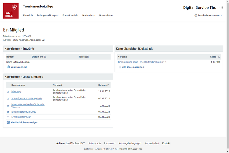 Auf der Startseite der Mitgliedsansicht wird ein Dashboard dargestellt. Im Dashboard werden im Regelfall dargestellt: Offener Saldo, Nachrichtenentwürfe, letzte Eingänge von der Behörde