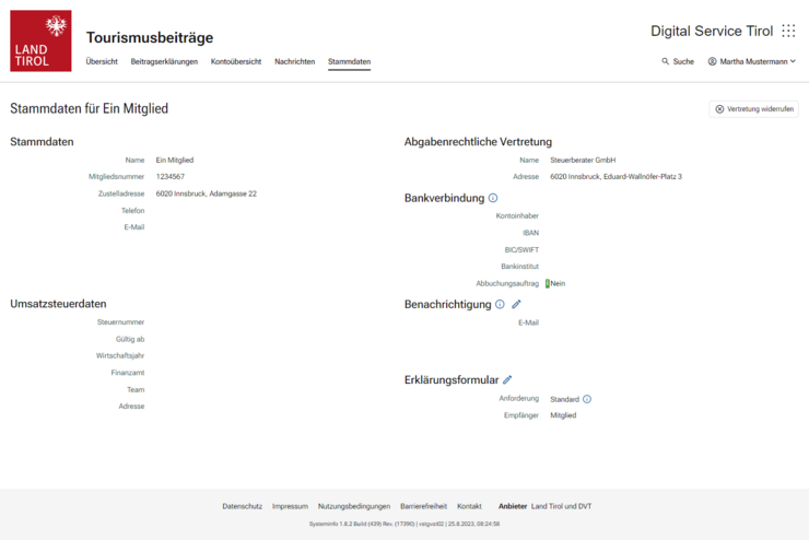 In den Stammdaten werden die wichtigsten Daten des Beitragskontos angezeigt: Unternehmensbezeichnung und Kontaktdaten, die aktuell hinterlegte Bankverbindung, die abgabenrechtliche Vertretung sowie die aktuell hinterlegte Umsatzsteuernummer des Unternehmens. Zusätzliche haben Sie die Möglichkeit Vertretungsbefugnisse zu widerrufen und E-Mail Adressen für Benachrichtigungen zu hinterlegen. In den Angaben zum Versand von Beitragserklärungsformularen kann gesteuert werden, an wen das Formular versendet werden soll sowie Angaben gemacht werden, ob die Abgabenbehörde nach Einlangen eines elektronischen Umsatzsteuerbescheids ein Beitragserklärungsformular versenden soll.