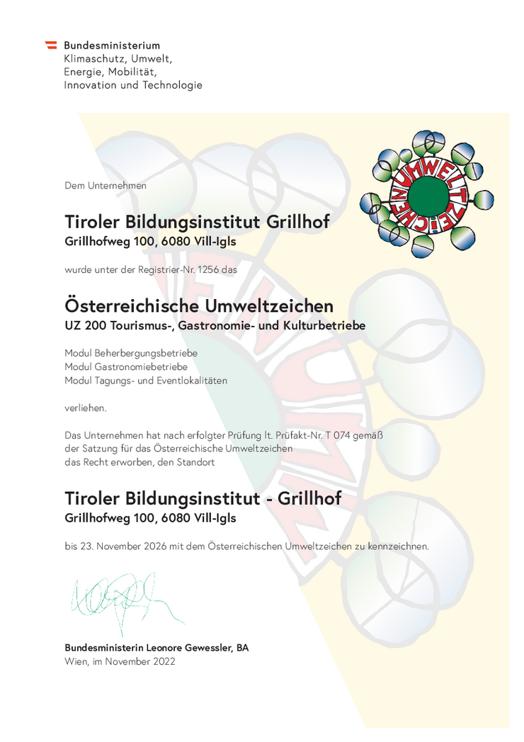Zertifikat des Österreichischen Umweltzeichens