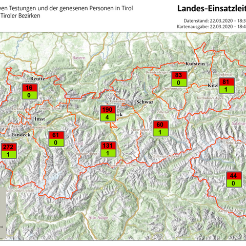 Die Lagekarte des Landes Tirol mit Stand Sonntag, 22. März 2020, 18.30 Uhr.