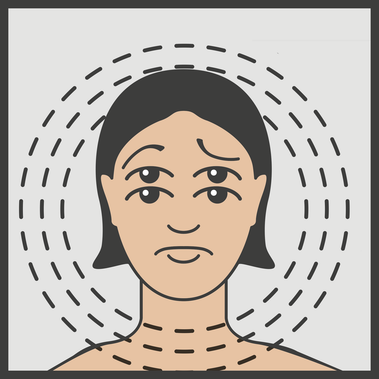 Zeichnung einer Frau, vor dem Gesicht sind schwarze Striche
