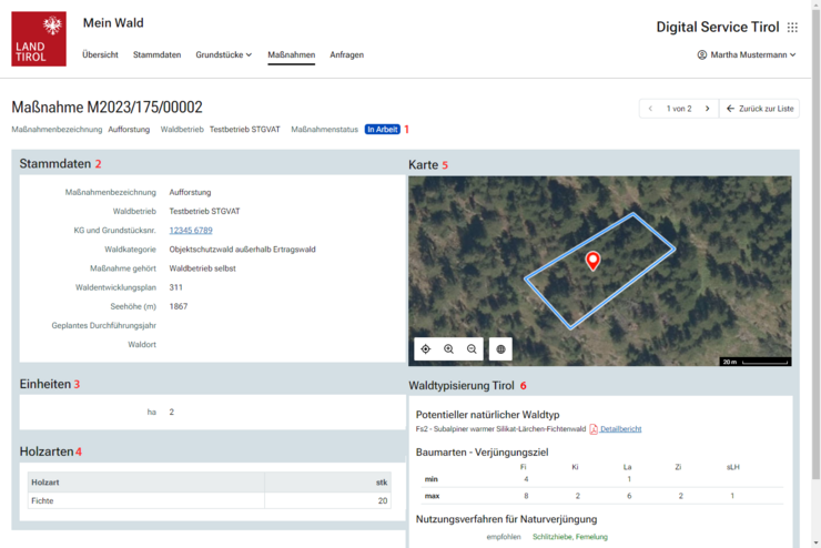 © Land Tirol Menüpunkt Maßnahme des Services Mein Wald mit Darstellung der Details einer Maßnahme mit Stammdaten, Einheiten, Holzarten, Waldtypisierung und einer Lagekarte des betroffenen Grundstücks.