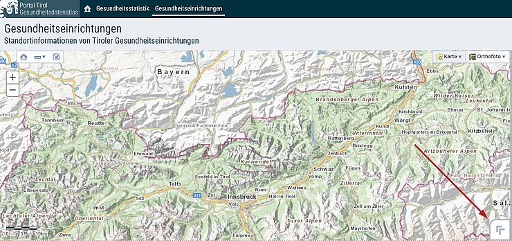 Screenshot der Übersichtskarte vom Tiroler Gesundheitsdatenatlas